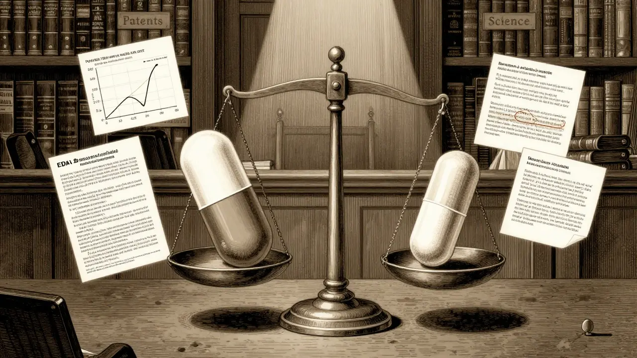 Generic and brand-name pills balanced on a scale in a courtroom, surrounded by scientific data and legal books.