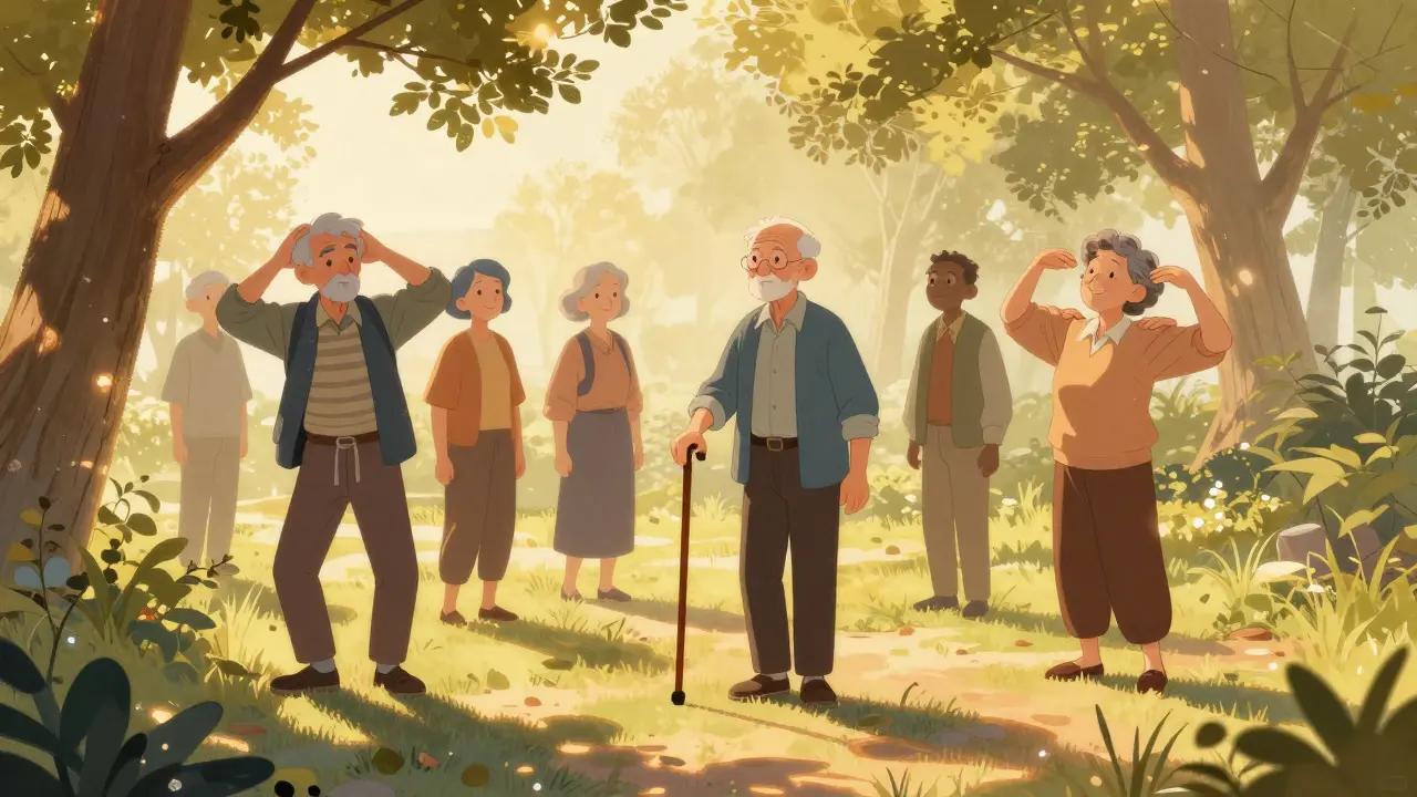 Group of older adults doing vestibular exercises together in a sunlit park.