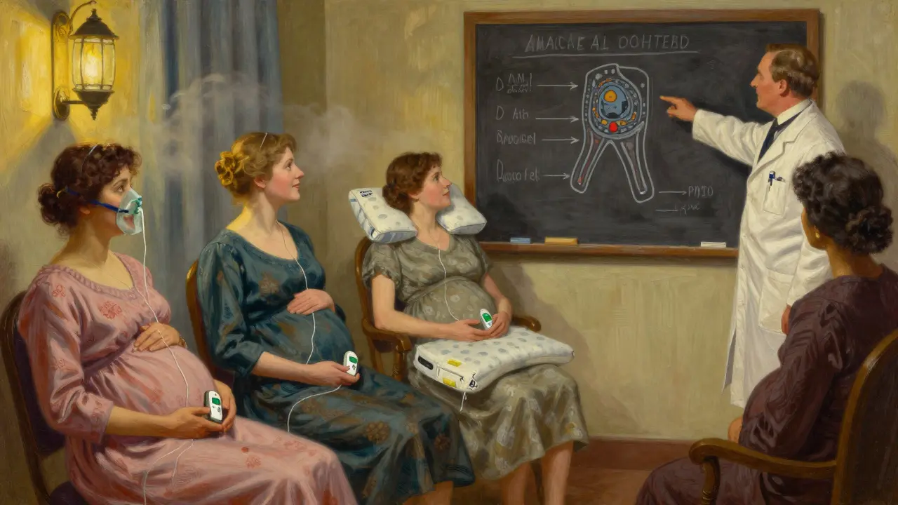 Group of pregnant women in clinic with sleep devices, doctor explaining airflow improvements on chalkboard.