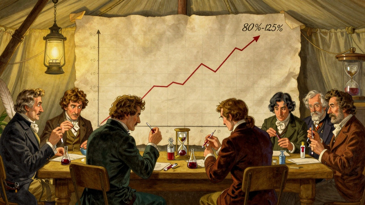 Historical scientists collecting blood samples under a lantern, plotting a drug concentration curve on parchment with annotations for bioequivalence limits.