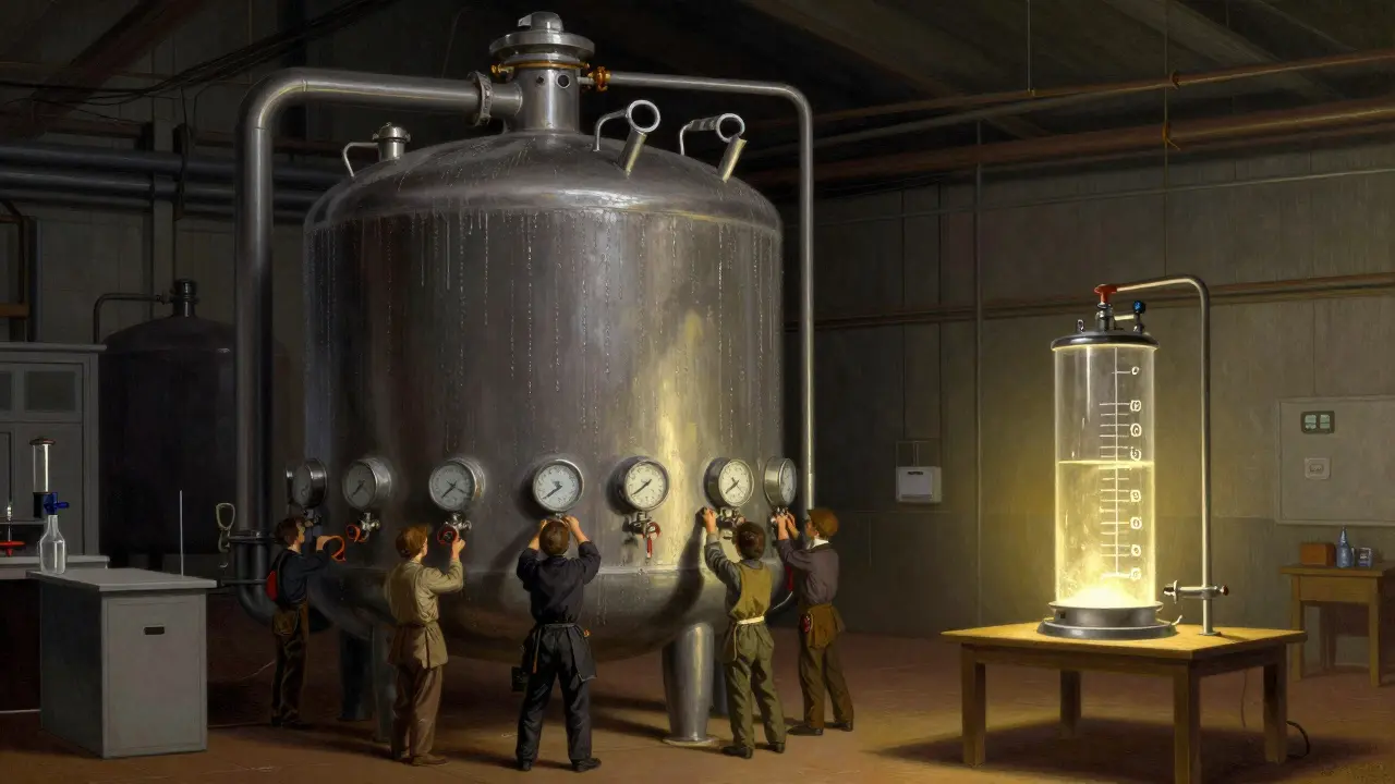 Large industrial bioreactor dwarfing tiny workers, contrasted with small lab reactor on wooden table, Howard Pyle style.