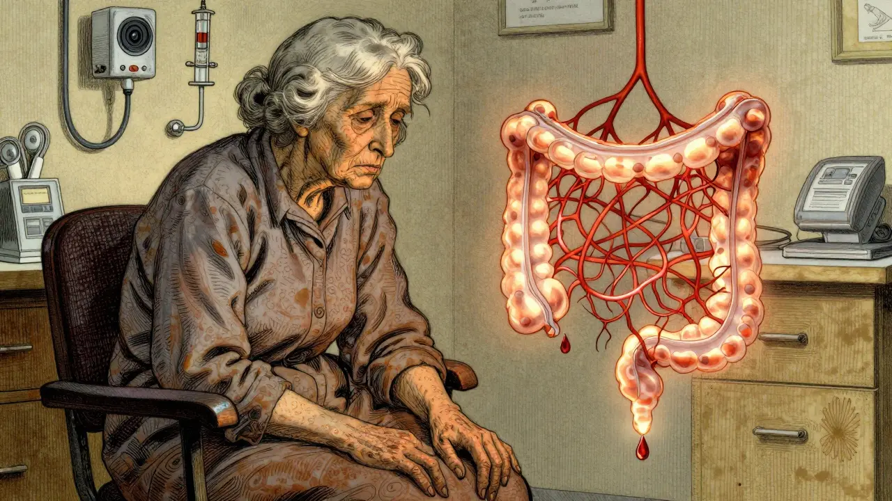 Pale elderly woman with glowing abnormal blood vessels floating beside her in a medical diagram.