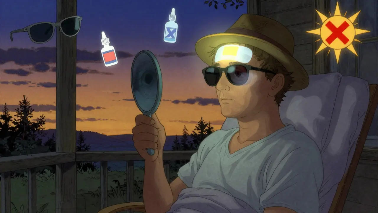 Patient at dusk wearing sunglasses, ghostly pterygium fading from eye as healing light glows above.