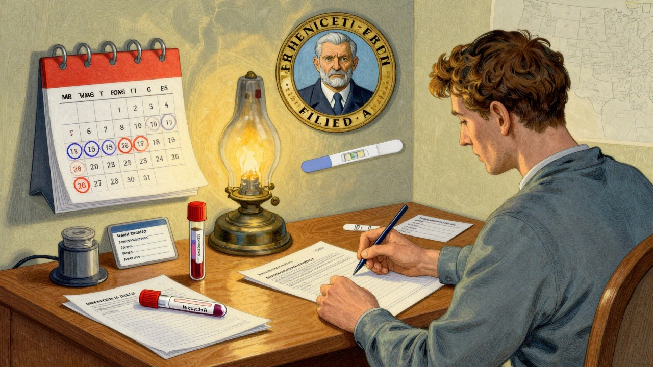 Patient completing REMS enrollment at a wooden desk with documents, blood test, and FDA emblem hovering above.