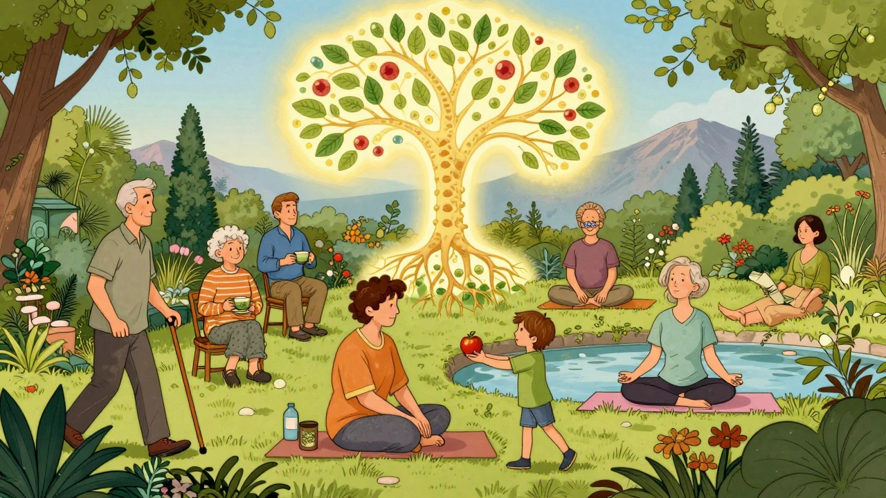 Patients in a garden practice gentle recovery, with a glowing HPA axis tree above them symbolizing hormonal healing.