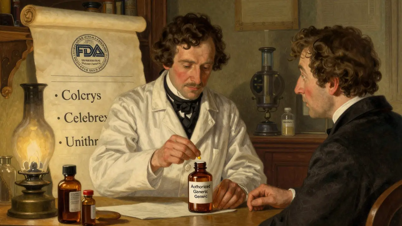 Pharmacist filling a plain bottle labeled 'Authorized Generic' in an old-fashioned apothecary.