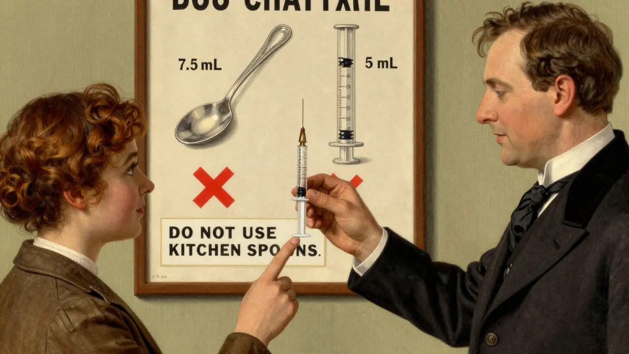 Pharmacist handing a measuring syringe to a parent while correcting the use of kitchen spoons.