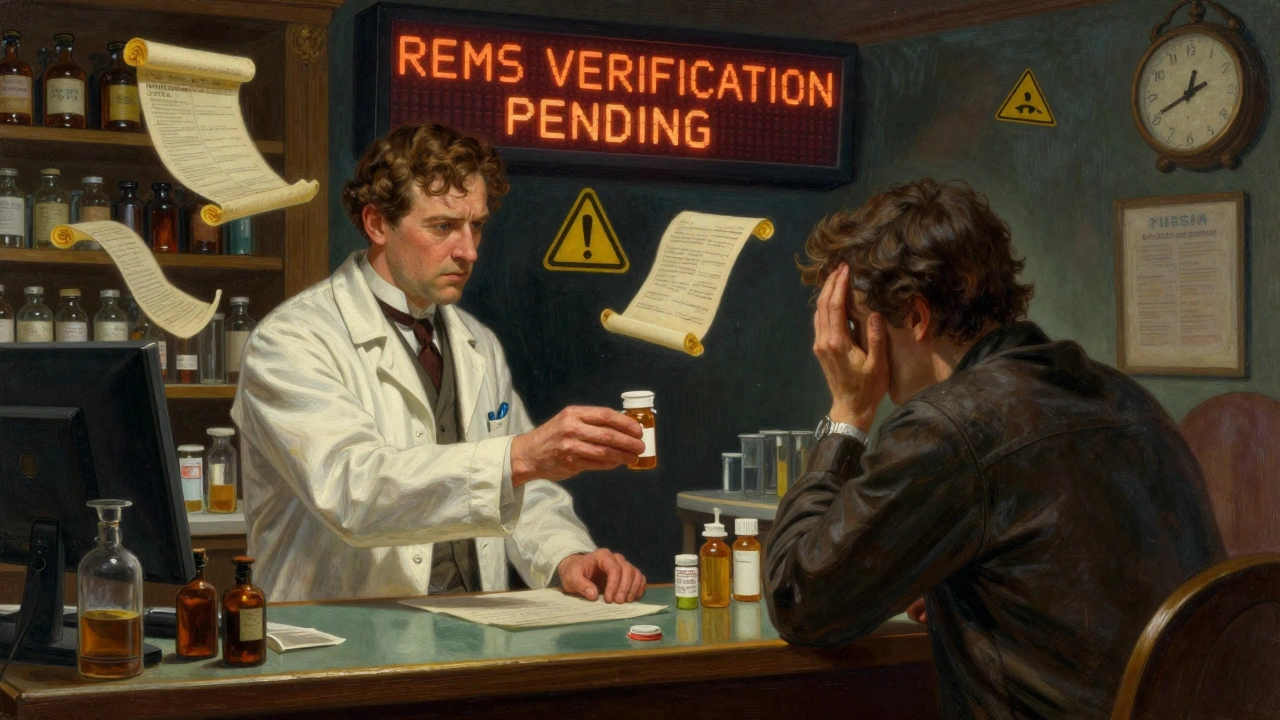 Pharmacist refusing prescription as REMS dashboard shows pending status, medical warnings floating in air.