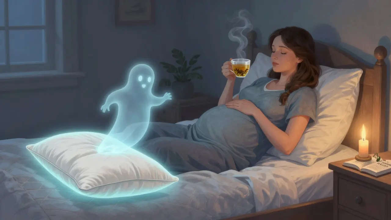 Pregnant woman propped upright with wedge pillow, reflux dissipating as steam, calm and peaceful.