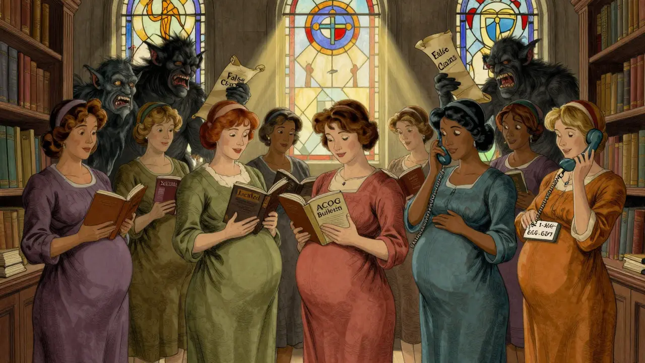 Pregnant women consulting reliable sources like MotherToBaby and ACOG in a library, while false claims flee in shadows.