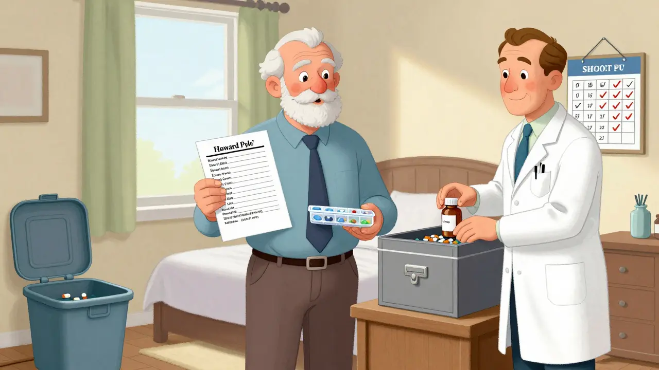 Senior and pharmacist placing medications in a lockbox, with a calendar and proper disposal bin in a sunlit room.