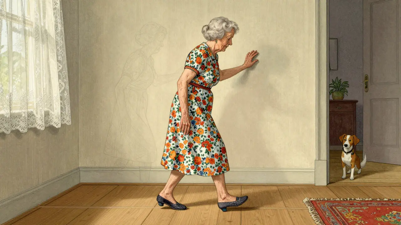 Senior woman walking heel-to-toe along a line indoors, one hand on the wall for support.