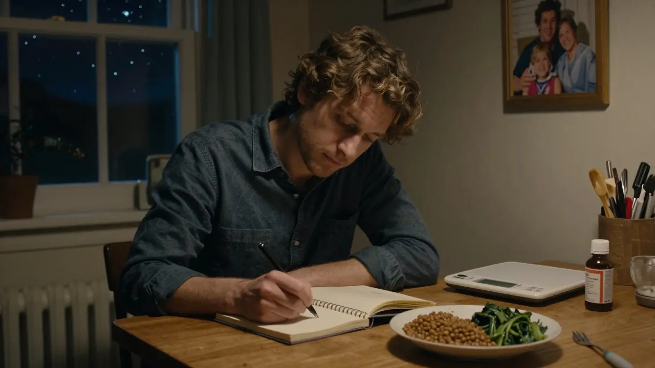Someone journaling at night beside a healthy meal, with insulin and a photo of family nearby.
