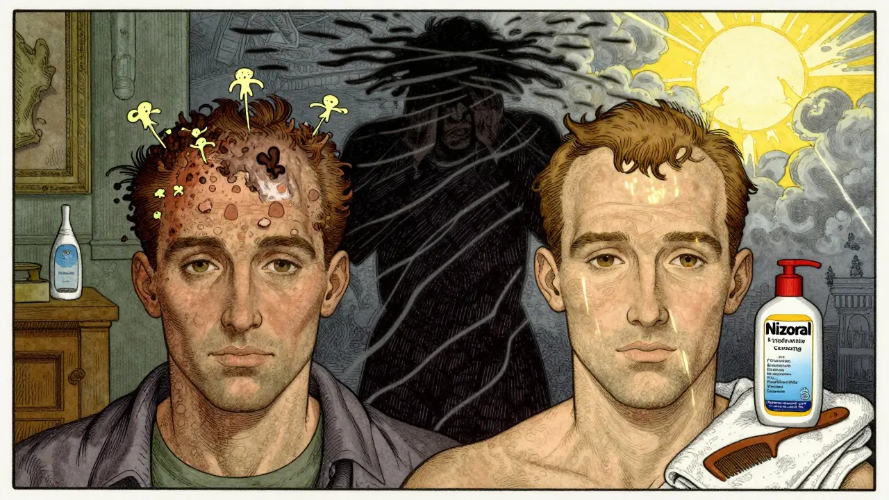Split illustration: inflamed scalp on left, healed scalp on right, with yeast and light symbolizing treatment success.