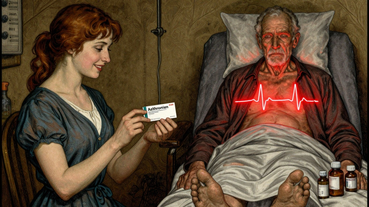Split scene: healthy patient receiving antibiotic vs. high-risk patient with warning ECG trace.