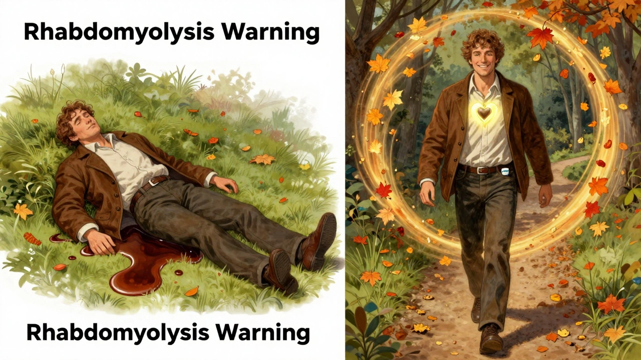 Split scene: one man in distress with dark urine, another walking healthily with supplement.