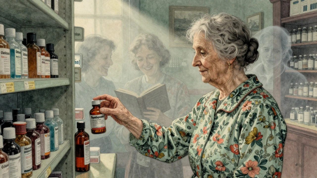 Woman hesitating at a pharmacy shelf, with ghostly image of her younger self behind her, in Howard Pyle style.