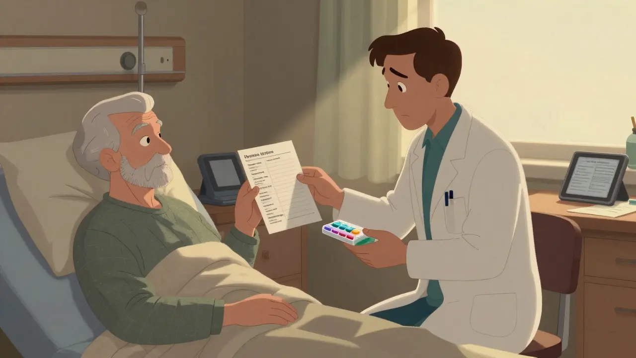 A caregiver and pharmacist review medications together beside an elderly patient’s bed.