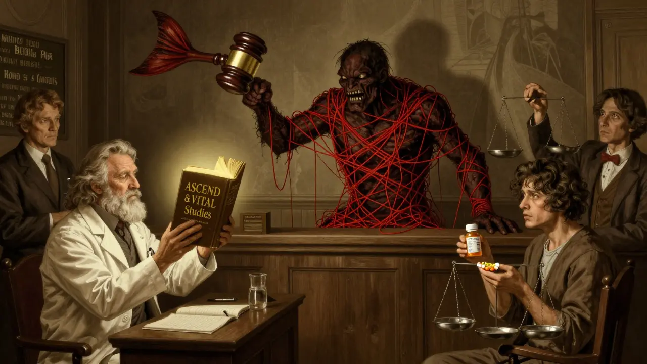 A courtroom scene where a doctor defends fish oil and aspirin use against a mythical bleeding risk monster.