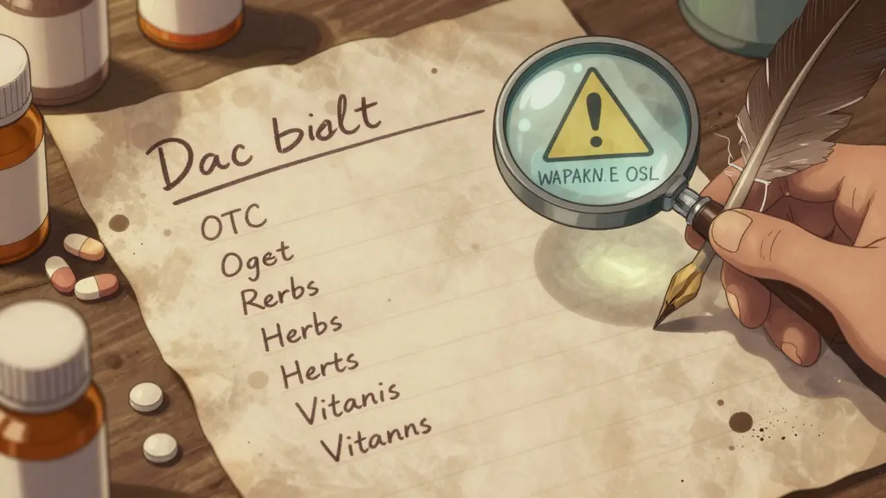A detailed handwritten medication list with pill bottles and a magnifying glass highlighting a drug interaction.