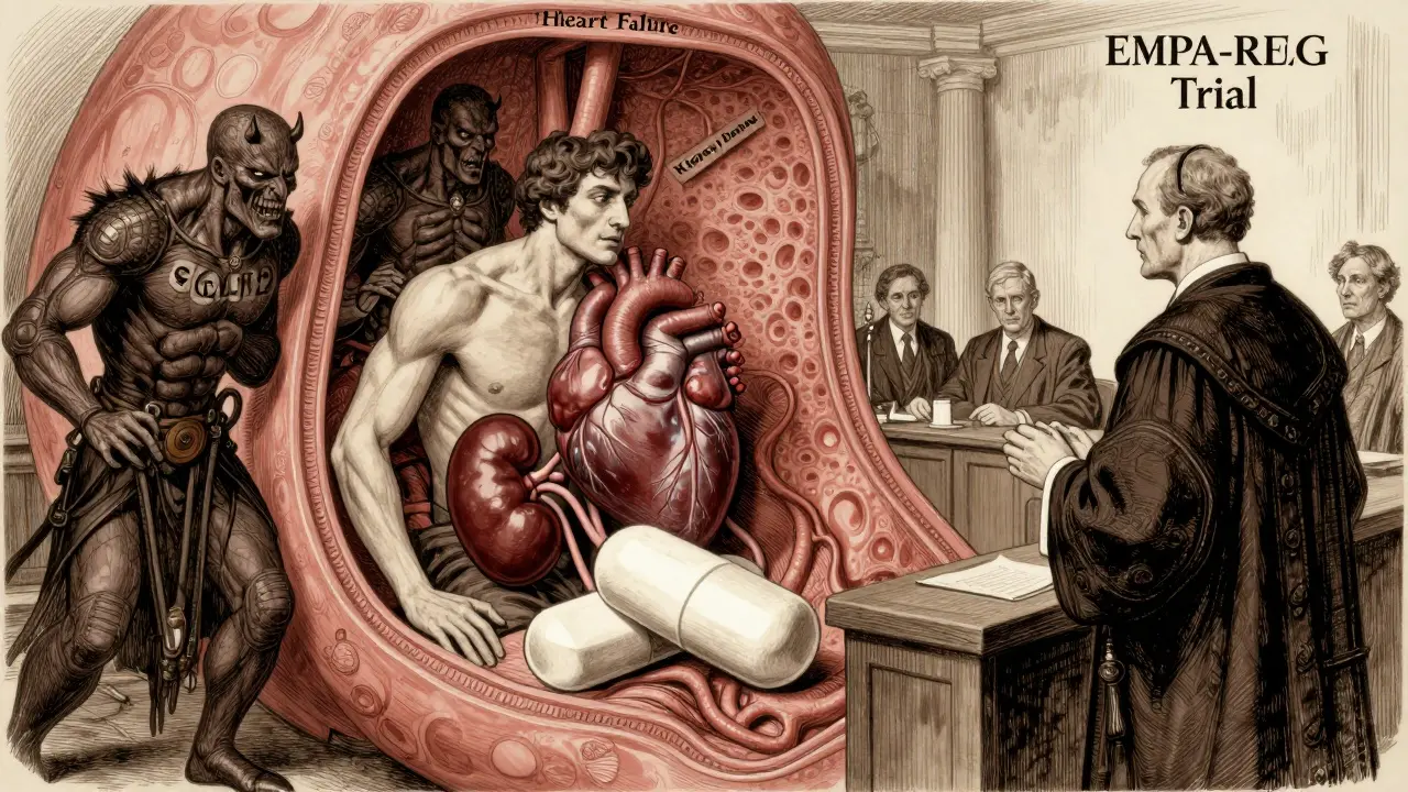 A heroic pill defending heart and kidney from disease villains in a courtroom inside the body, drawn in detailed ink illustration.