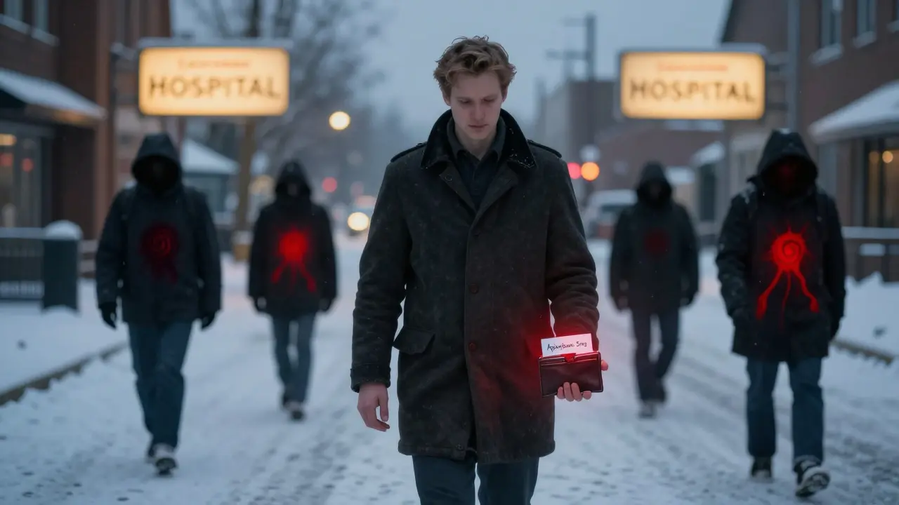 A man walking at dusk wearing a medical alert bracelet, a card in his wallet indicating his blood thinner.