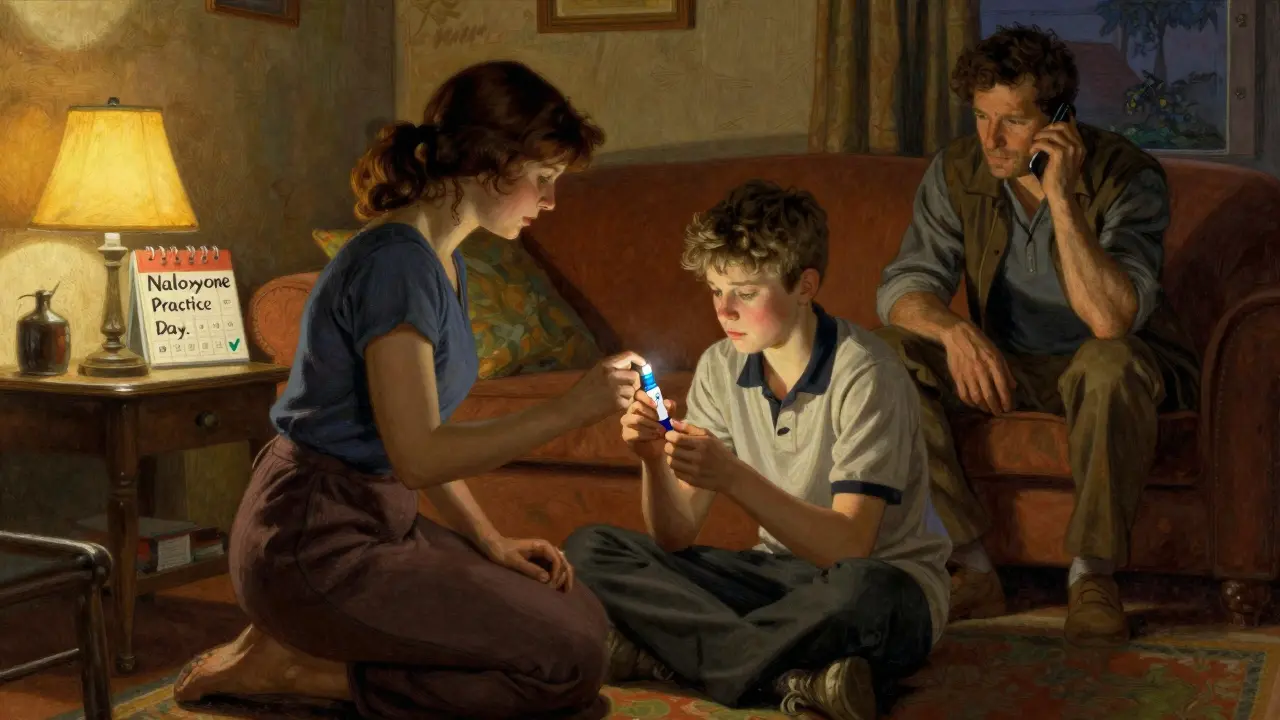 A mother and son practice using a naloxone trainer in their living room at dusk.