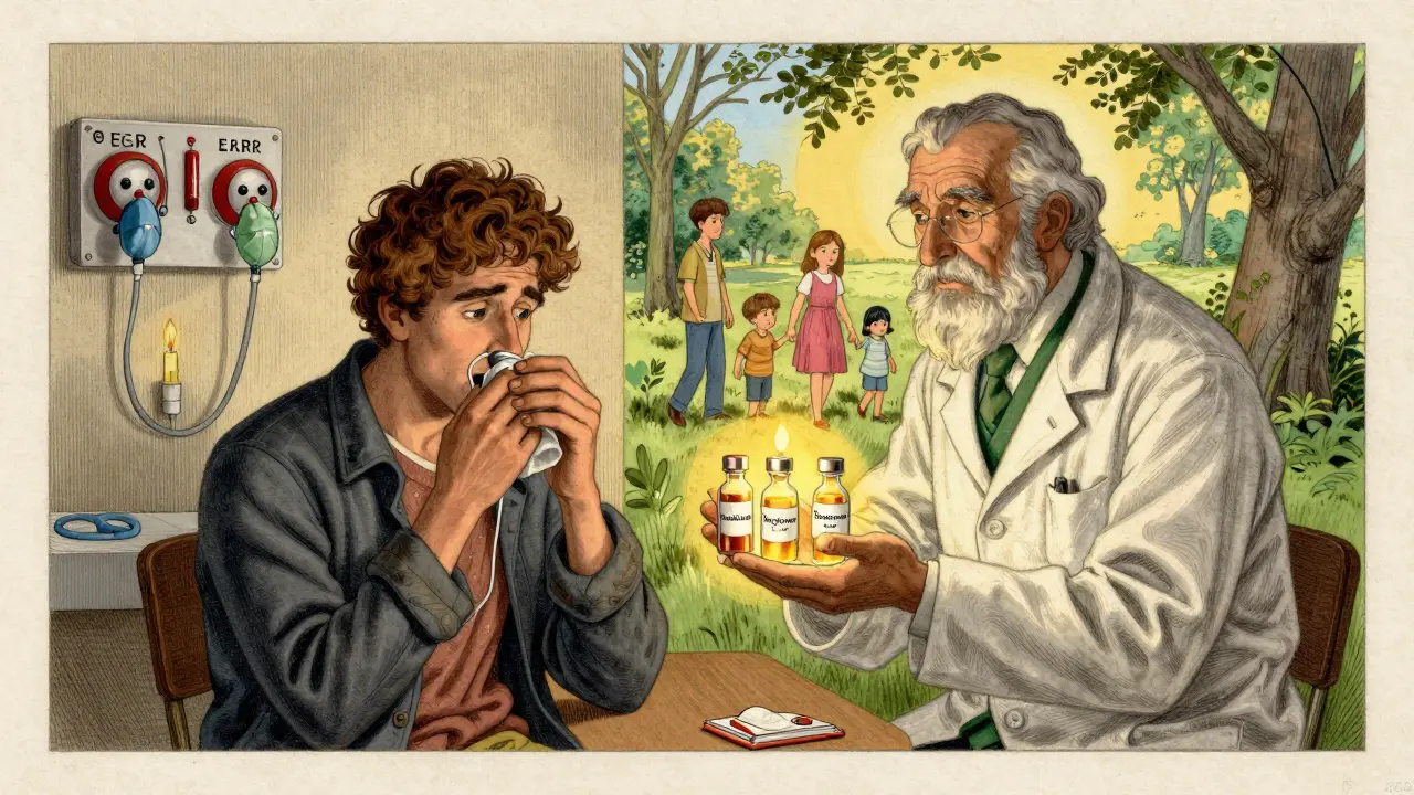 A patient and doctor face three biologic treatments, with contrasting scenes of asthma crisis and freedom.