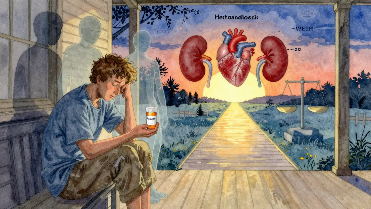 A patient on a porch at dusk, with fading complications behind and healthy organs ahead, rendered in Howard Pyle’s illustrative style.