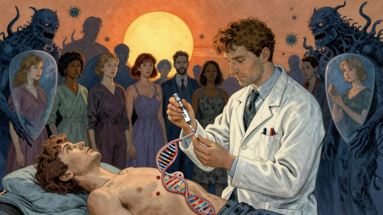 A scientist creating a personalized vaccine from DNA strands, with patients illuminated by light against shadowy cancer threats.