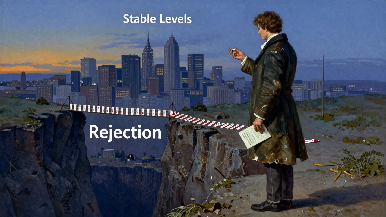 A transplant recipient standing at a cliff’s edge, holding a pill and insurance letter, with a bridge of test strips leading to safety.