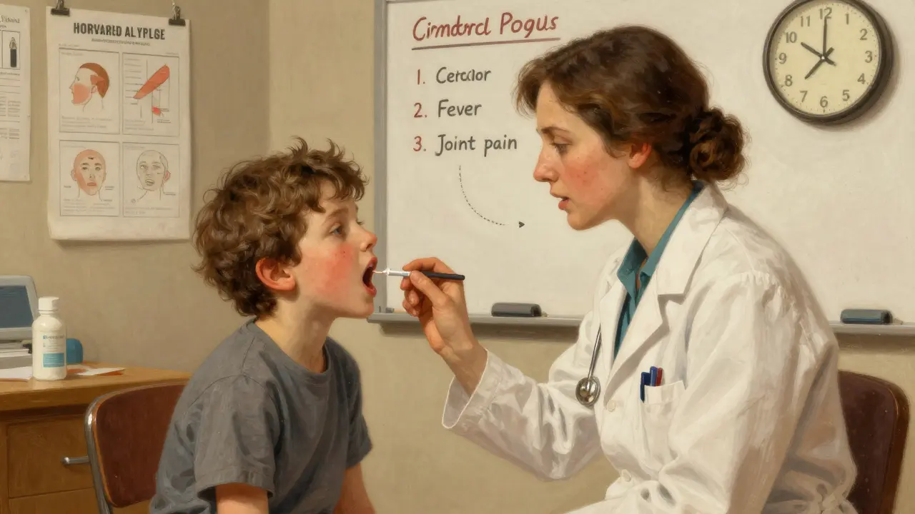 Allergist giving oral antibiotic challenge to child, with medical charts and symptom list in background.