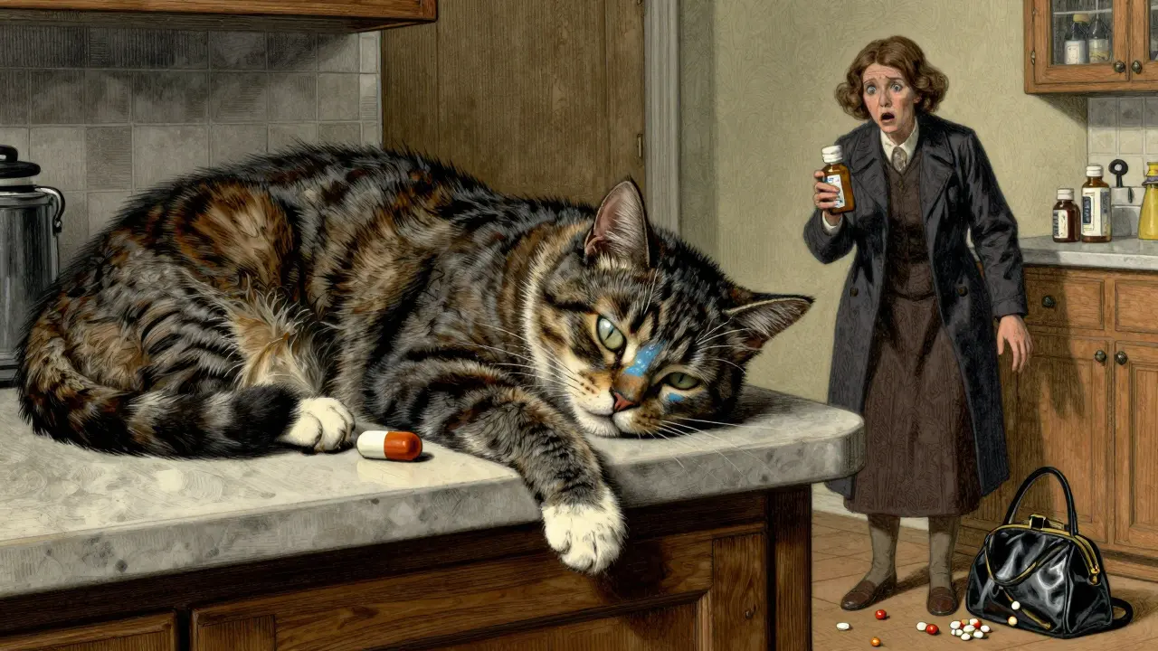 Cat with blue-tinged gums near a dropped Tylenol capsule on a kitchen counter.