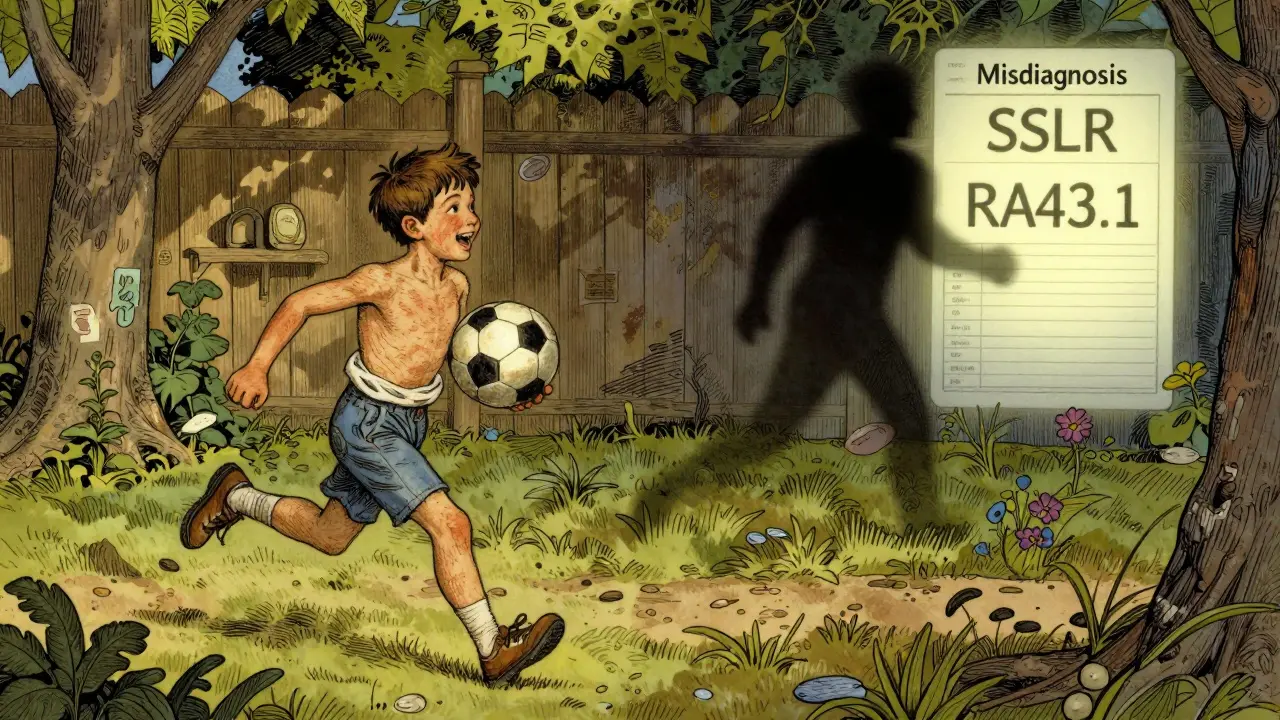 Child running happily after recovery, with fading misdiagnosis shadow and clear SSLR medical record.