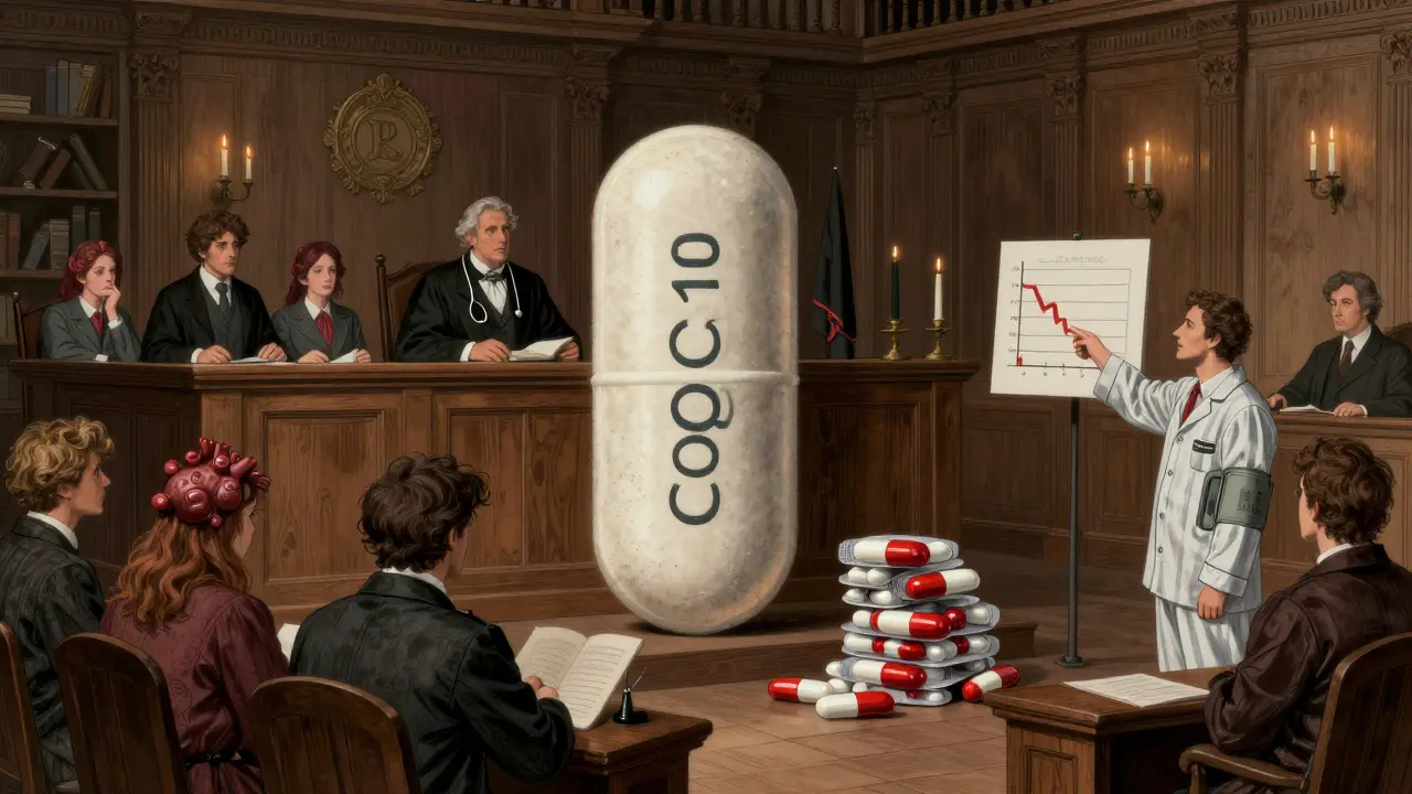CoQ10 tablet on trial against blood pressure pills in Victorian courtroom scene.