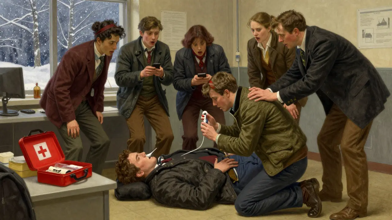 Coworkers administer naloxone to a collapsed colleague in a factory break room.