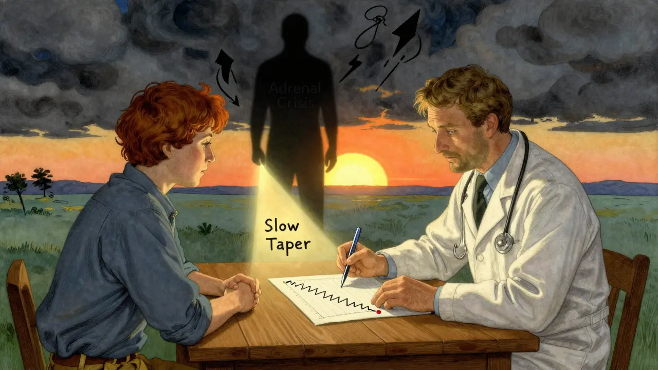Doctor and patient reviewing tapering chart, with crisis shadows contrasted by a glowing safe path to recovery.