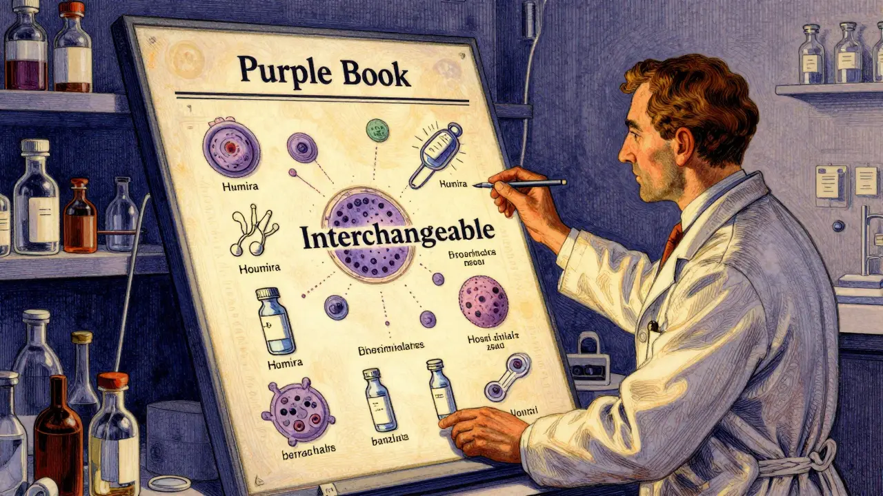 Doctor and pharmacist studying the Purple Book chart with biosimilars and biologics illustrated in detailed inkwork.
