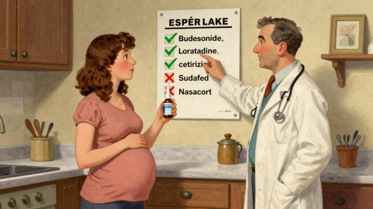 Doctor and pregnant woman reviewing safe allergy medications on a chart, with unsafe drugs marked in red.