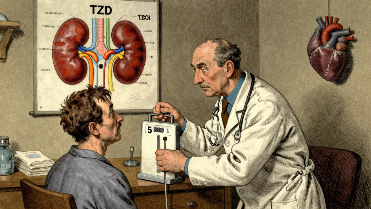 Doctor checking weight gain in diabetic patient, with kidney fluid retention diagram in background.