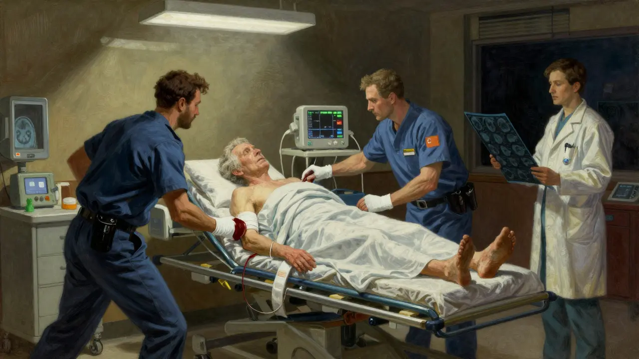 Emergency responders rushing a patient into a hospital, with medical equipment and a brain scan in view.