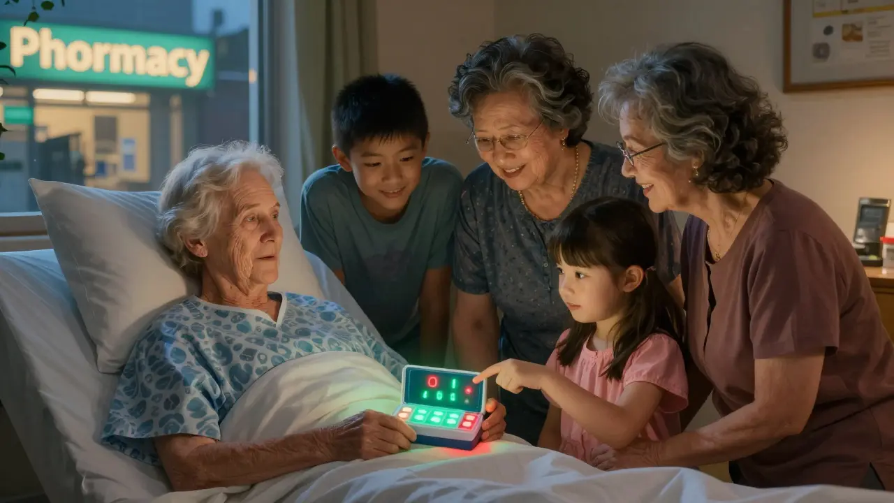 Family gathered around a patient with a softly glowing smart pillbox at bedtime, conveying quiet support.