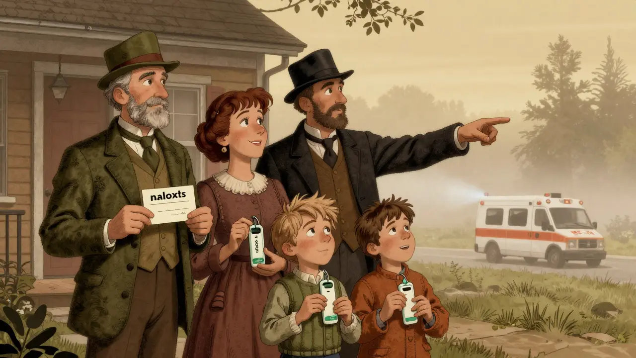 Family holding naloxone kits together at dawn, symbolizing preparedness and care.