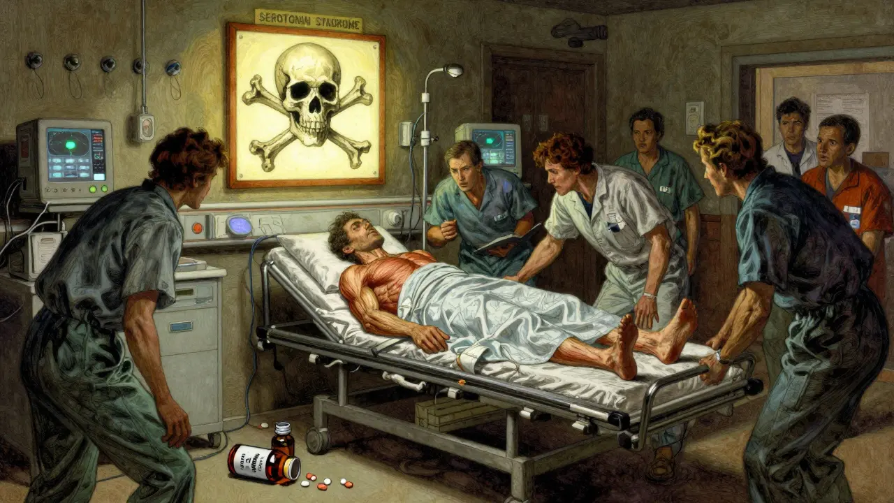 Hospital emergency scene with patient in serotonin syndrome, broken Rhodiola and SSRI bottles on floor.