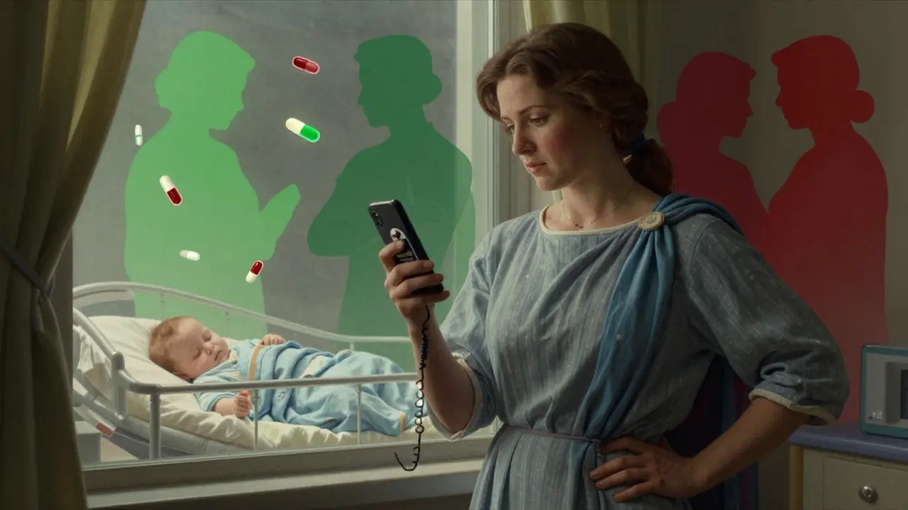 Mother holding phone for breastfeeding advice as medications float away in safe and unsafe categories.