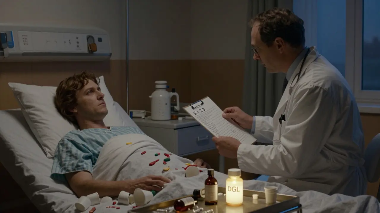 Patient in hospital with low potassium chart, discarded licorice items, and safe DGL supplement glowing nearby.