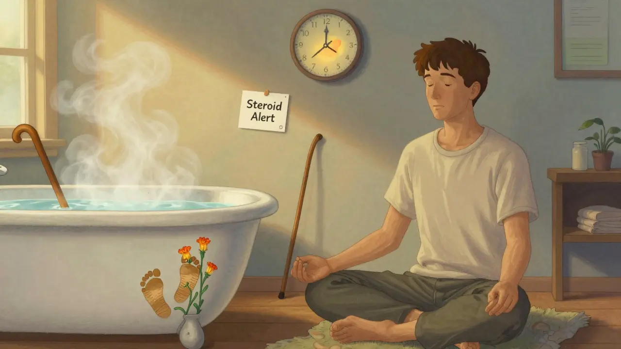 Patient meditating with healing symbols: warm bath, walking stick with blooming footprints, and steroid alert card.
