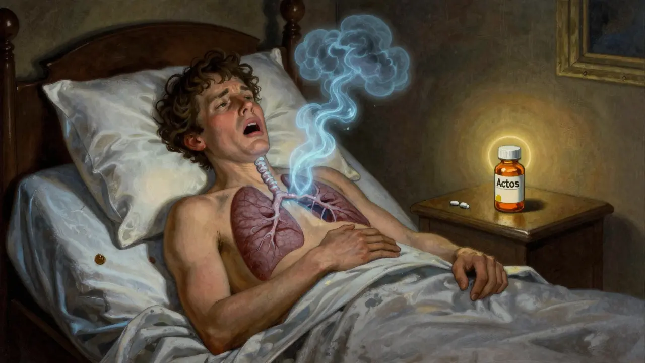 Patient struggling to breathe at night with fluid rising into lungs from TZD medication.