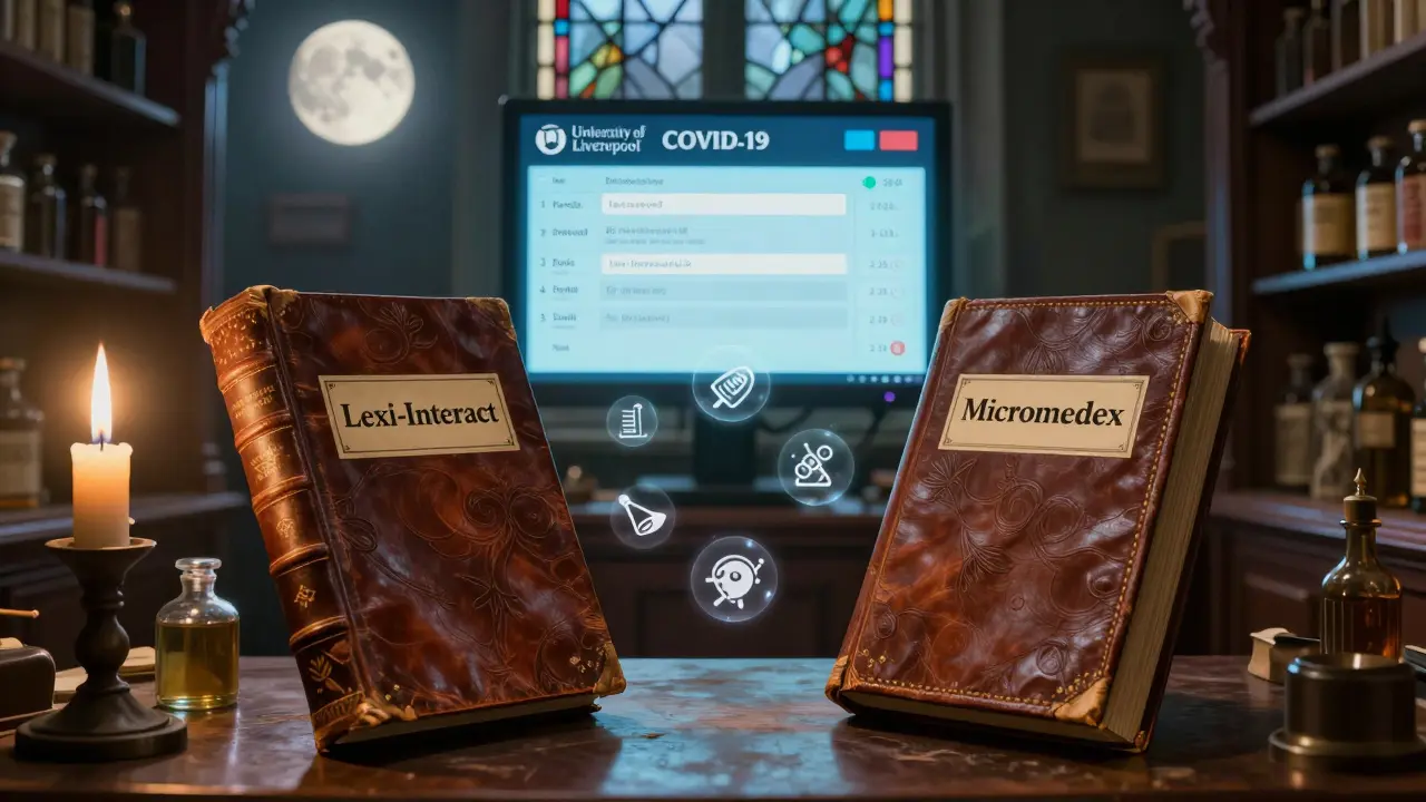 Pharmacist comparing two medical books while a digital checker glows behind, floating drug icons in candlelit apothecary.