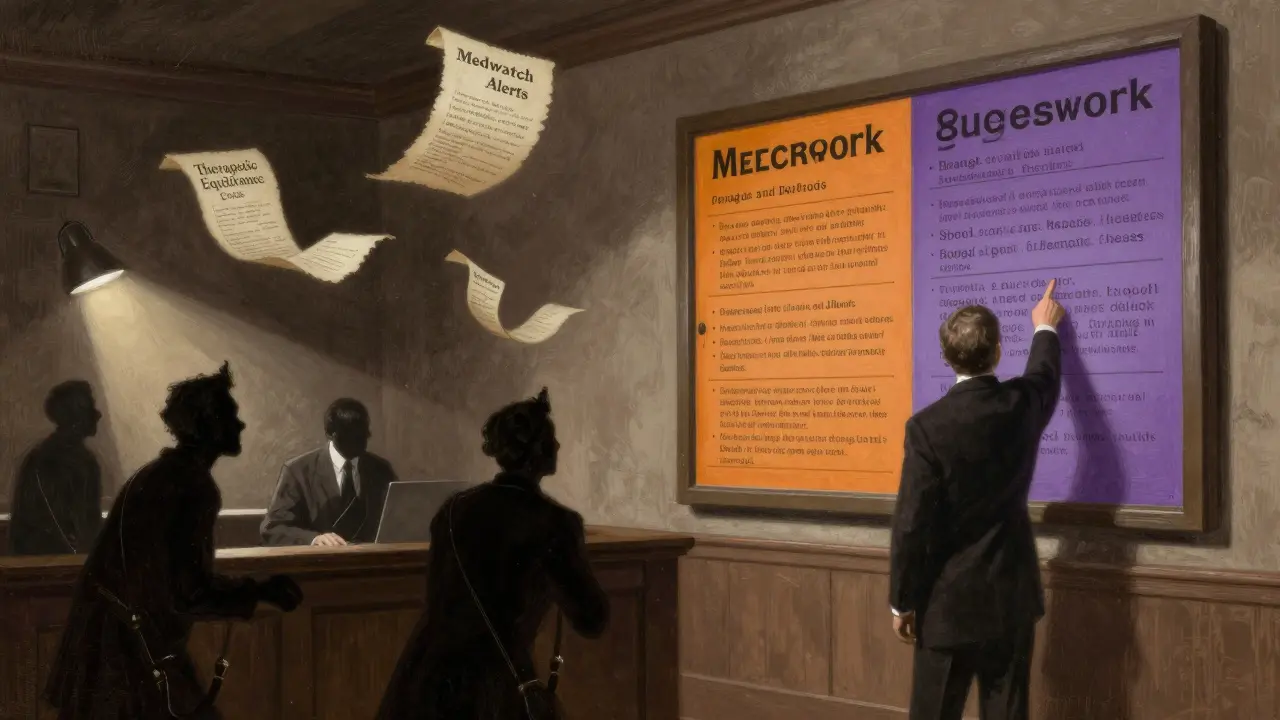 Pharmacist confidently presenting FDA drug safety books as outdated practices fade away in shadow.